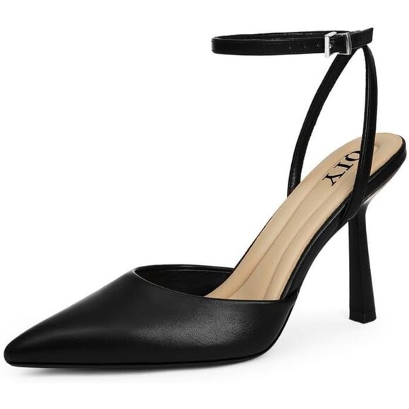 Shoes - Close Toe Ankle Strap Women Black Heels Pointed Toe Stiletto Pumps Wedding Shoes